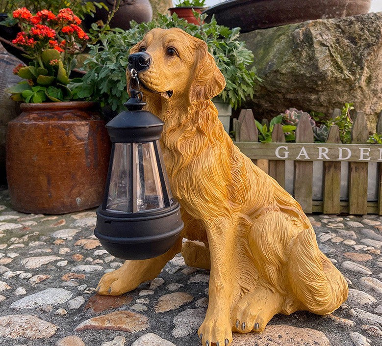 Hundestatue med sollys og LED-lanterne – Dekorasjon og lys